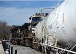 NS yard job E19 with interchange cars for CSX passes by the Depot Grille in downtown Lynchburg,